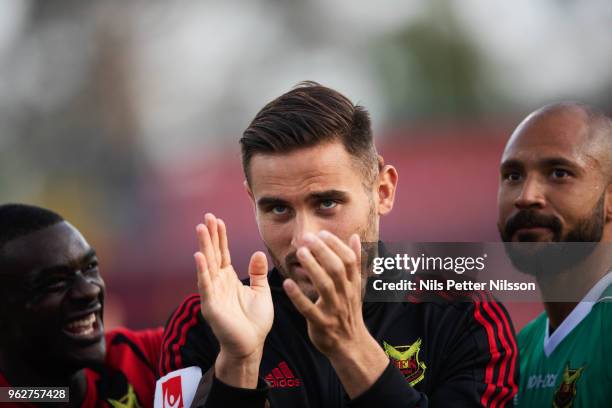 Sotirios Papagianopoulos of Ostersunds FK cheers to the fans after the Allsvenskan match between Ostersunds FK and BK Hacken at Jamtkraft Arena on...