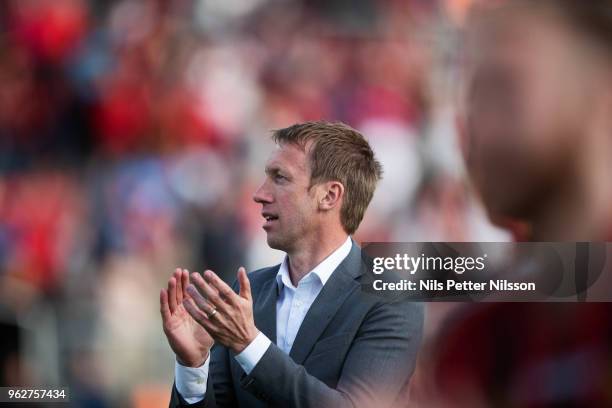 Graham Potter, head coach of Ostersunds FK cheers to the fans after the Allsvenskan match between Ostersunds FK and BK Hacken at Jamtkraft Arena on...