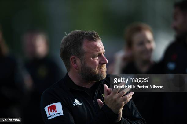 Assisting coach Billy Reid cries after the Allsvenskan match between Ostersunds FK and BK Hacken at Jamtkraft Arena on May 26, 2018 in Ostersund,...