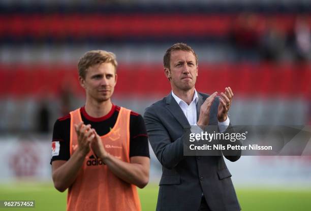 Ludvig Fritzon of Ostersunds FK and Graham Potter, head coach of Ostersunds FK cheers to the fans after the Allsvenskan match between Ostersunds FK...