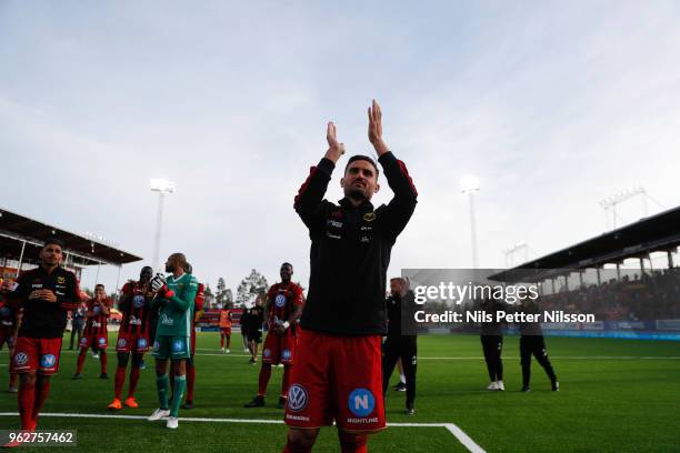 Sotirios Papagianopoulos of Ostersunds FK cheers to the fans after the Allsvenskan match between Ostersunds FK and BK Hacken at Jamtkraft Arena on...