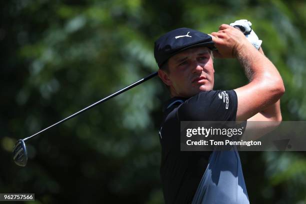 Bryson DeChambeau plays his shot from the sixth tee during round three of the Fort Worth Invitational at Colonial Country Club on May 26, 2018 in...