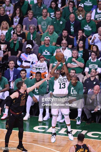 Marcus Morris of the Boston Celtics shoots the ball against Kyle Korver of the Cleveland Cavaliers during Game Five of the 2018 NBA Eastern...