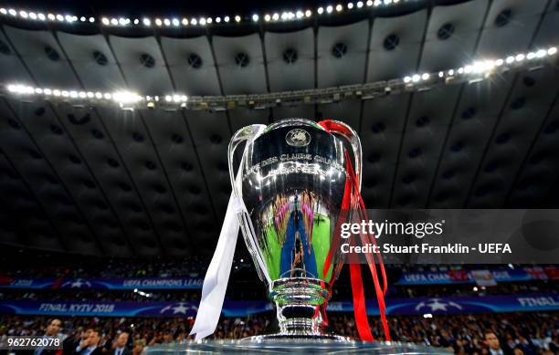 Detailed view of the UEFA Champions League Trophy prior to the UEFA Champions League Final between Real Madrid and Liverpool at NSC Olimpiyskiy...