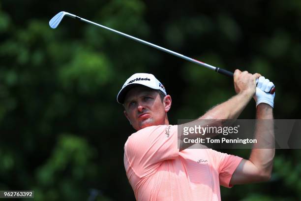 Justin Rose of England plays his shot from the ninth tee during round three of the Fort Worth Invitational at Colonial Country Club on May 26, 2018...