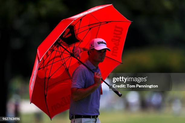 Kevin Streelman looks on on the sixth hole during round three of the Fort Worth Invitational at Colonial Country Club on May 26, 2018 in Fort Worth,...