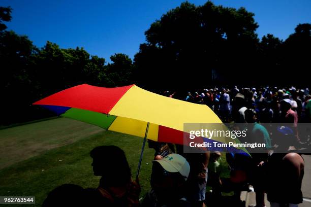 The gallery looks on on the eighth tee during round three of the Fort Worth Invitational at Colonial Country Club on May 26, 2018 in Fort Worth,...
