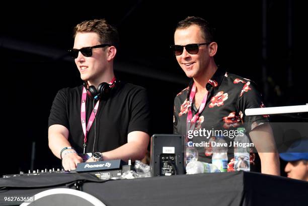 Chris Stark and Scott Mills DJ on stage during day 1 of BBC Radio 1's Biggest Weekend 2018 held at Singleton Park on May 26, 2018 in Swansea, Wales.