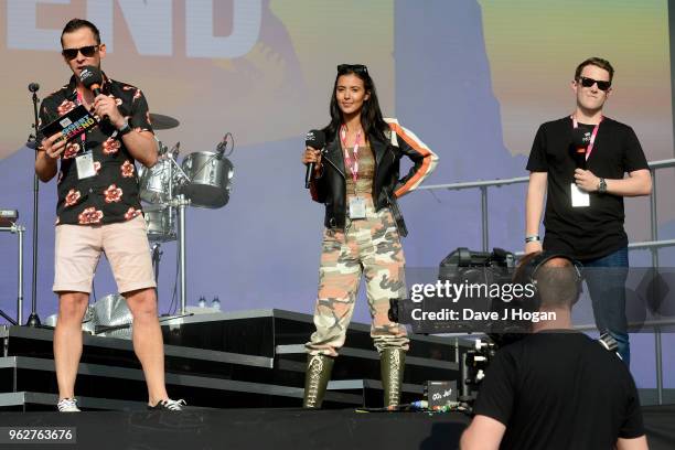 Scott Mills, Maya Jama and Chris Stark perform during day 1 of BBC Radio 1's Biggest Weekend 2018 held at Singleton Park on May 26, 2018 in Swansea,...