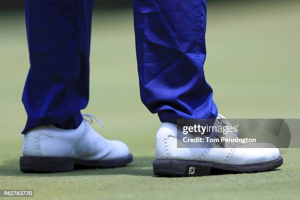 Detail of Satoshi Kodaira of Japan shoes during round three of the Fort Worth Invitational at Colonial Country Club on May 26, 2018 in Fort Worth,...