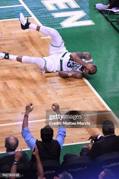 Marcus Morris of the Boston Celtics reacts during the game against of the Cleveland Cavaliers on Game Five of the 2018 NBA Eastern Conference Finals...