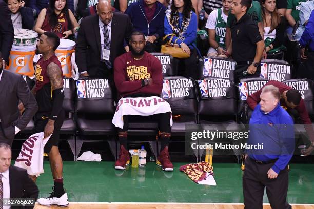 LeBron James of the Cleveland Cavaliers reacts from the bench during the game against the Boston Celtics on Game Five of the 2018 NBA Eastern...