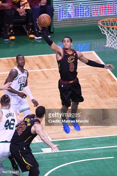 Jordan Clarkson of the Cleveland Cavaliers grabs a rebound against Terry Rozier of the Boston Celtics during Game Five of the 2018 NBA Eastern...