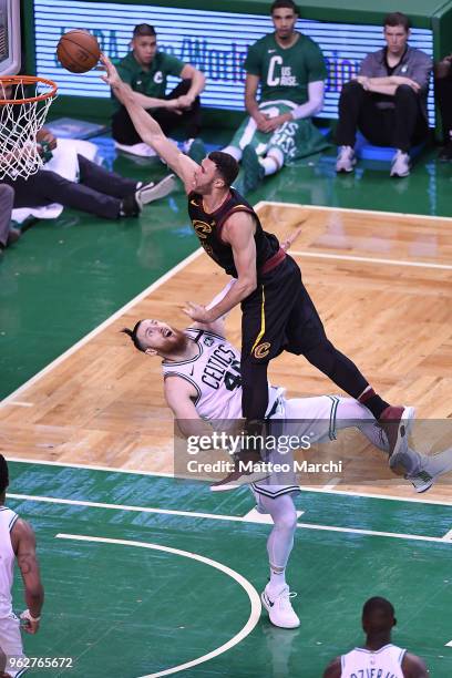 Larry Nance Jr. #22 of the Cleveland Cavaliers dunks the ball against Aron Baynes of the Boston Celtics during Game Five of the 2018 NBA Eastern...