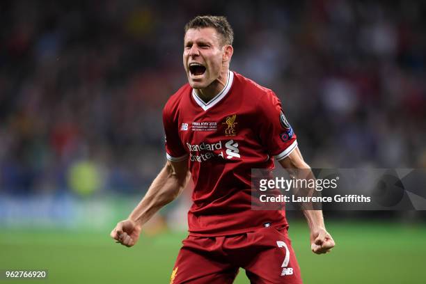 James Milner of Liverpool celebrates after his sides first goal during the UEFA Champions League Final between Real Madrid and Liverpool at NSC...