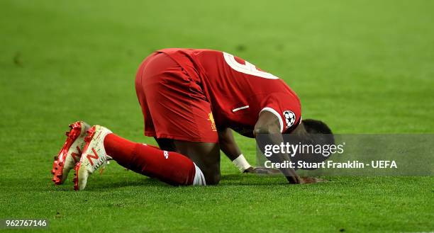 Sadio Mane of Liverpool celebrates after scoring his sides first goal during the UEFA Champions League Final between Real Madrid and Liverpool at NSC...