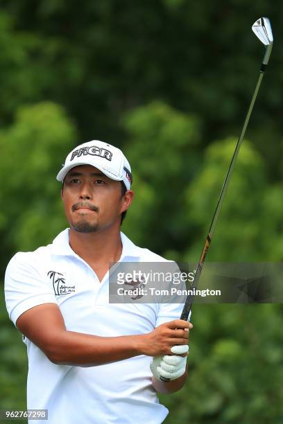 Satoshi Kodaira of Japan plays his shot from the eighth tee during round three of the Fort Worth Invitational at Colonial Country Club on May 26,...