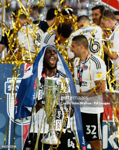 Fulham's Aboubakar Kamara celebrates after the final whistle during the Sky Bet Championship Final at Wembley Stadium, London