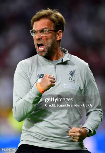 Jurgen Klopp, Manager of Liverpool celebrates after his sides first goal during the UEFA Champions League Final between Real Madrid and Liverpool at...