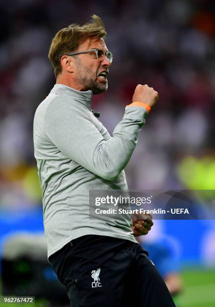 Jurgen Klopp, Manager of Liverpool celebrates after his sides first goal during the UEFA Champions League Final between Real Madrid and Liverpool at...
