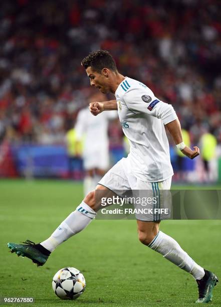 Real Madrid's Portuguese forward Cristiano Ronaldo controls the ball during the UEFA Champions League final football match between Liverpool and Real...