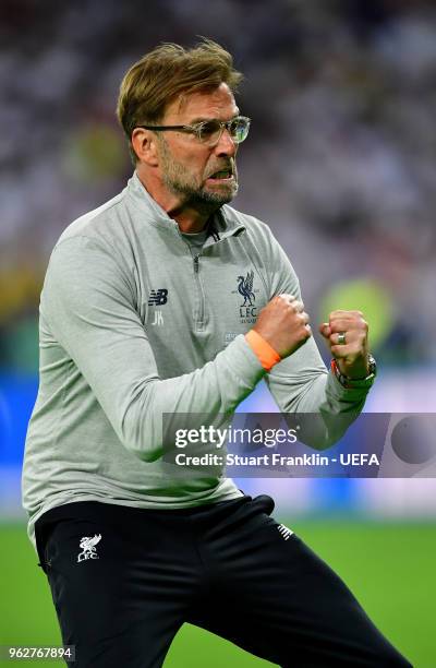 Jurgen Klopp, Manager of Liverpool celebrates after his sides first goal during the UEFA Champions League Final between Real Madrid and Liverpool at...