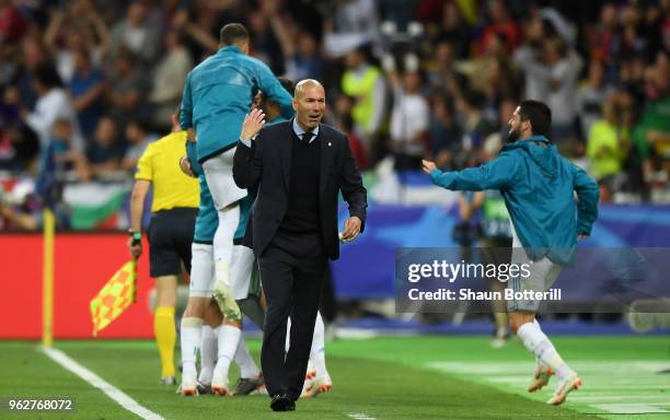 Zinedine Zidane, Manager of Real Madrid celebrates after his sides second goal during the UEFA Champions League Final between Real Madrid and...