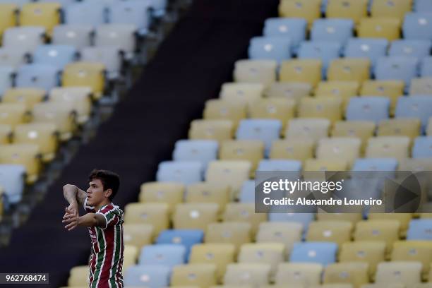 Pedro Santos of Fluminense celebrates a scored goal during the match between Fluminense and Chapecoense as part of Brasileirao Series A 2018 at...