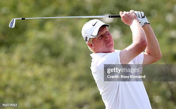 Richard Finch of England on the 8th tee during the third round of The Commercialbank Qatar Masters at The Doha Golf Club on January 30, 2010 in Doha,...