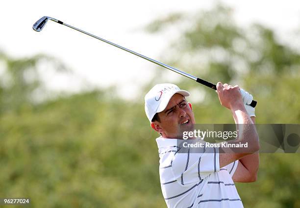 Peter Lawrie of Ireland on the 8th tee during the third round of The Commercialbank Qatar Masters at The Doha Golf Club on January 30, 2010 in Doha,...