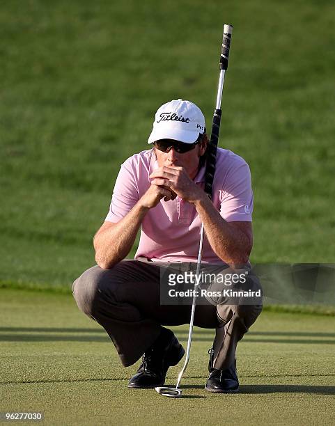 Brett Rumford of South Africa on the par four 17th green during the third round of The Commercialbank Qatar Masters at The Doha Golf Club on January...