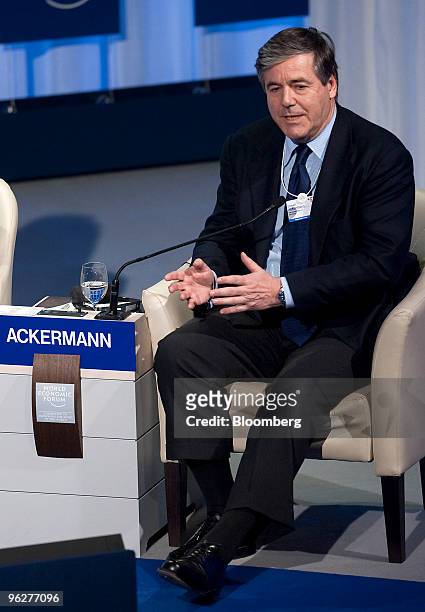 Josef Ackermann, chief executive officer of Deutsche Bank AG, participates in a panel discussion on the global economic outlook during day four of...