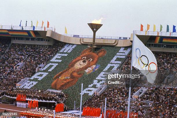 Photo of the Olympic Games' mascot Misha-bear, 19 July 1980 in Lenin Stadium Moscow, wishing everyone good luck at the opening ceremony of the 1980...