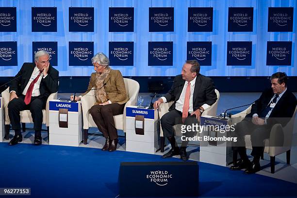 Panelists, from left, Dominique Strauss-Kahn, managing director of the International Monetary Fund , Christine Lagarde, finance minister of France,...