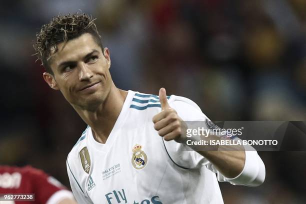 Real Madrid's Portuguese forward Cristiano Ronaldo celebrates during the UEFA Champions League final football match between Liverpool and Real Madrid...