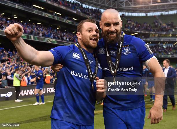 Dublin , Ireland - 26 May 2018; Cian Healy, left, and Scott Fardy of Leinster following the Guinness PRO14 Final between Leinster and Scarlets at the...