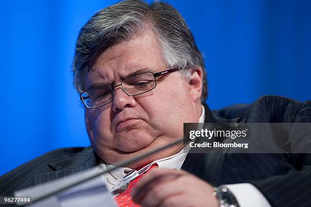 Agustin Carstens, governor of the central bank of Mexico, participates in a panel discussion titled "Redesigning Financial Regulation" during day...