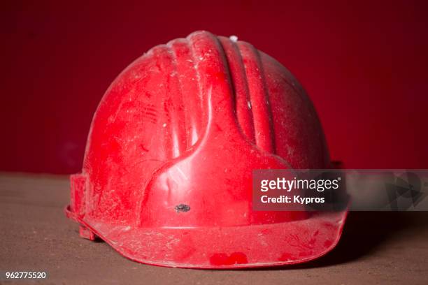 europe, greece, 2018: view of plastic safety helmet - mining hats stock pictures, royalty-free photos & images