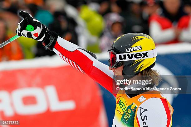 Marcel Hirscher of Austria takes 1st place during the Audi FIS Alpine Ski World Cup Men's Giant Slalom on January 30, 2010 in Kranjska Gora, Slovenia.