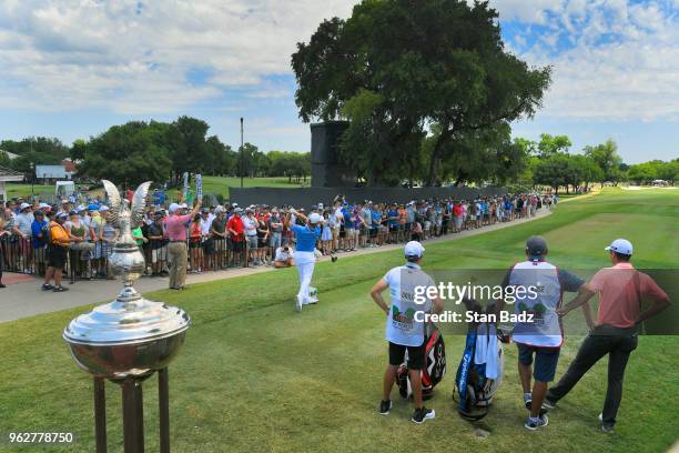 Emiliano Grillo hits a tee shot on the first hole during the third round of the Fort Worth Invitational at Colonial Country Club on May 26, 2018 in...