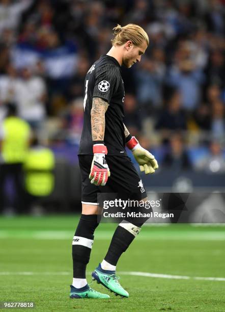 Loris Karius of Liverpool looks dejected after conceeding a third goal during the UEFA Champions League Final between Real Madrid and Liverpool at...