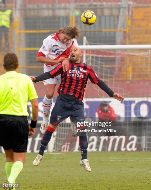 Riccardo Fissore of AC Mantova competes for the ball with Ciro Ginestra of FC Crotone during the Serie B match between Mantova and Crotone at Danilo...