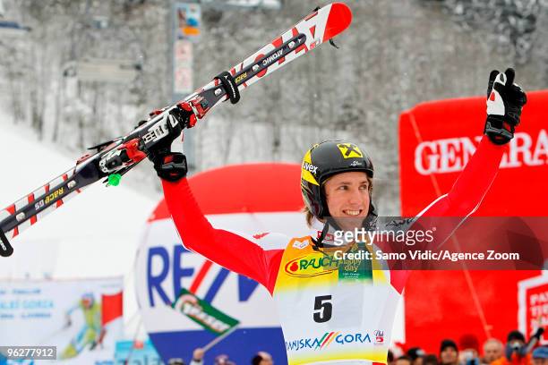 Marcel Hirscher of Austria takes 1st place during the Audi FIS Alpine Ski World Cup Men's Giant Slalom on January 30, 2010 in Kranjska Gora, Slovenia.
