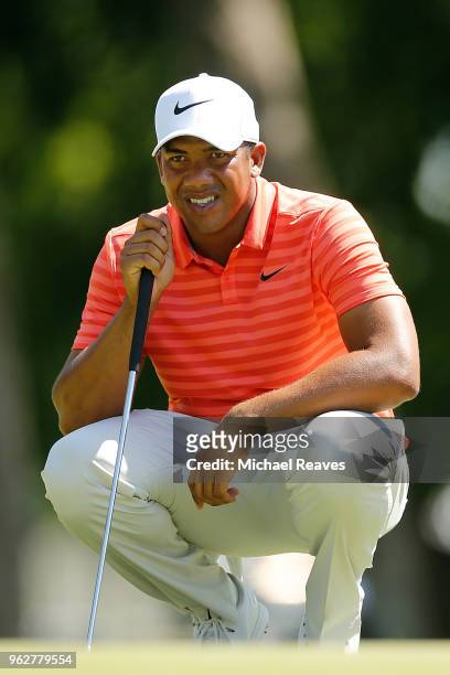 Jhonattan Vegas of Venezuela looks over a putt on the 17th green during round three of the Fort Worth Invitational at Colonial Country Club on May...