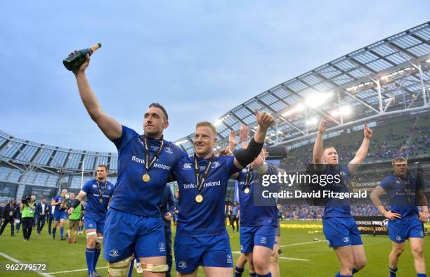 Dublin , Ireland - 26 May 2018; Jack Conan, left, and James Tracy of Leinster celebrate following the Guinness PRO14 Final between Leinster and...