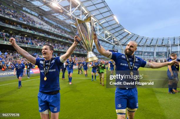 Dublin , Ireland - 26 May 2018; Jonathan Sexton, left, and Scott Fardy of Leinster celebrate following the Guinness PRO14 Final between Leinster and...