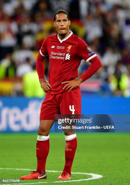 Virgil van Dijk of Liverpool looks dejected during the UEFA Champions League Final between Real Madrid and Liverpool at NSC Olimpiyskiy Stadium on...