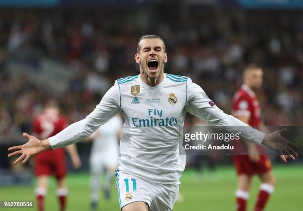 Real Madrid's Gareth Bale celebrates after scoring a goal during the UEFA Champions League final football match between Real Madrid and Liverpool FC...