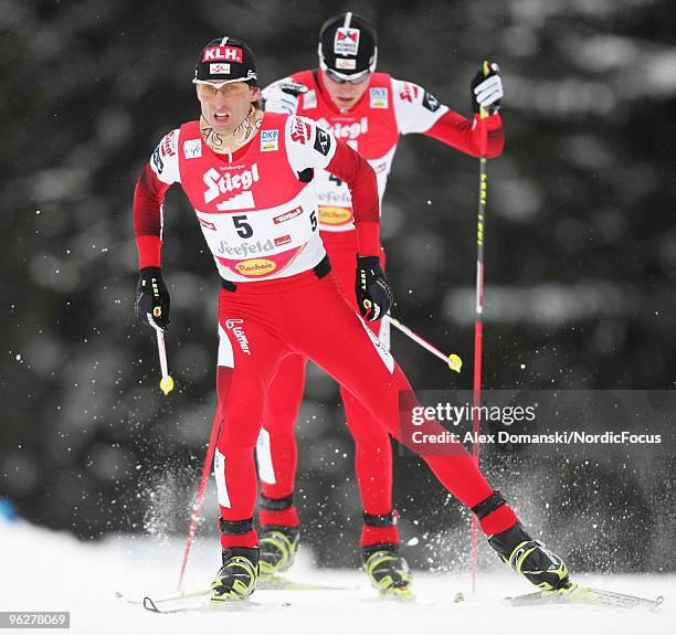 Mario Stecher of Austria competes in the Gundersen 10km Cross Country event during day one of the FIS Nordic Combined World Cup on January 30, 2010...