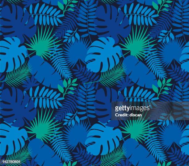 tropischen nahtlose blattmuster in indigo dunkelblau - tropical leaves stock-grafiken, -clipart, -cartoons und -symbole
